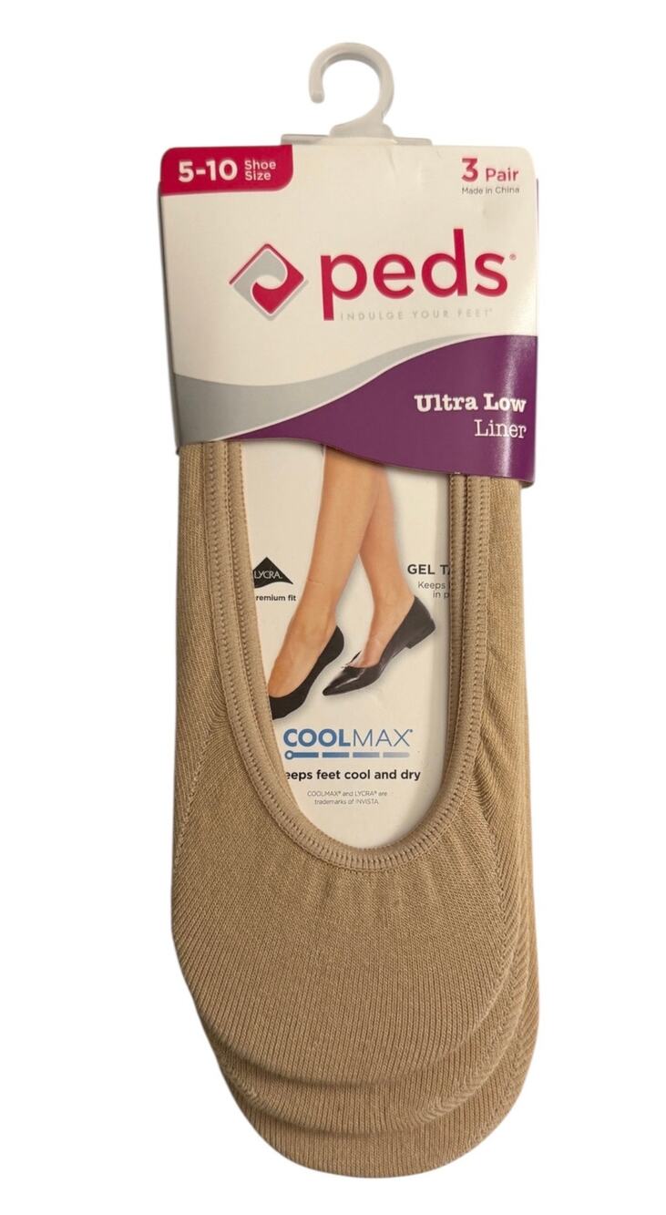Peds Ultra Low Liner Gel Tab Socks Shoe Size 5-10 COOLMAX 3 Pack Nude